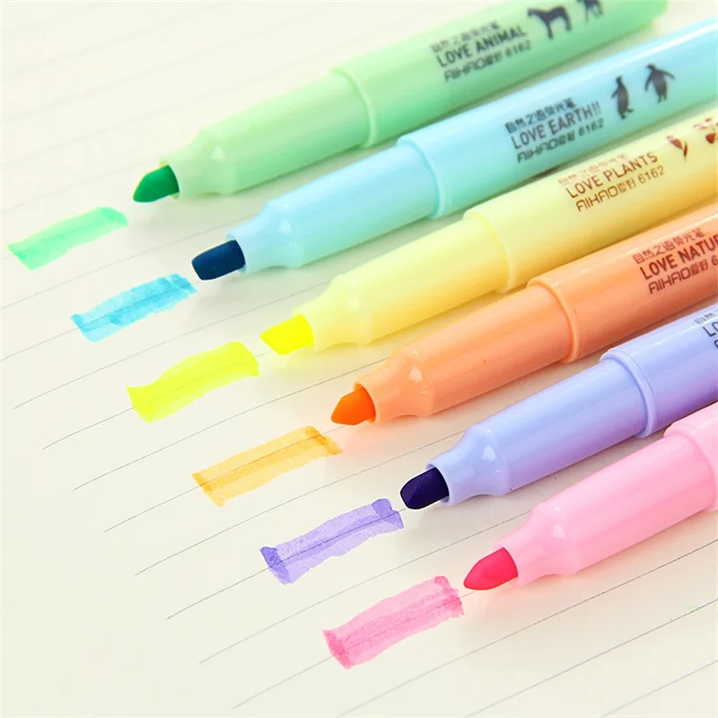 6pc/lot Different Colors Highlighter Pen Stationery Fresh and Creative Color Watercolor Notebook Marker Pen