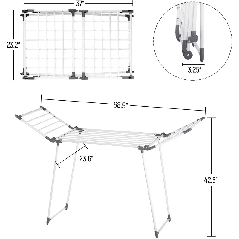 Clothes Drying Rack Adjustable Gullwing and Foldable Space-Saving Laundry Rack for Indoor or Outdoor Use, Grey