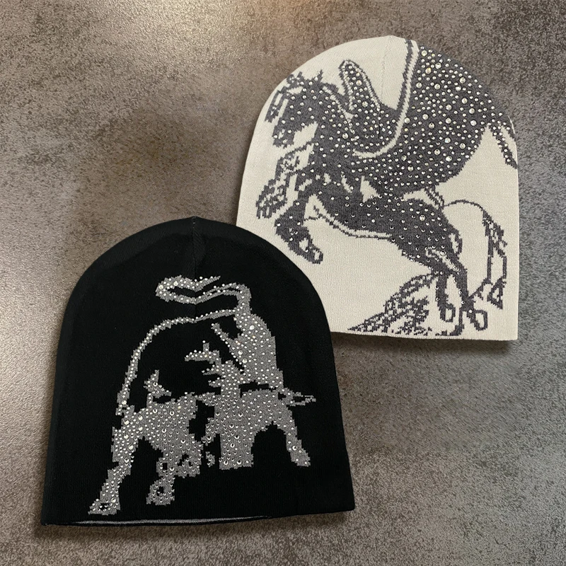Vintage Style Jacquard Pegasus Pattern Knitted Hat Diamond Decoration Windproof and Warm Hip-hop Autumn and Winter New Y2K