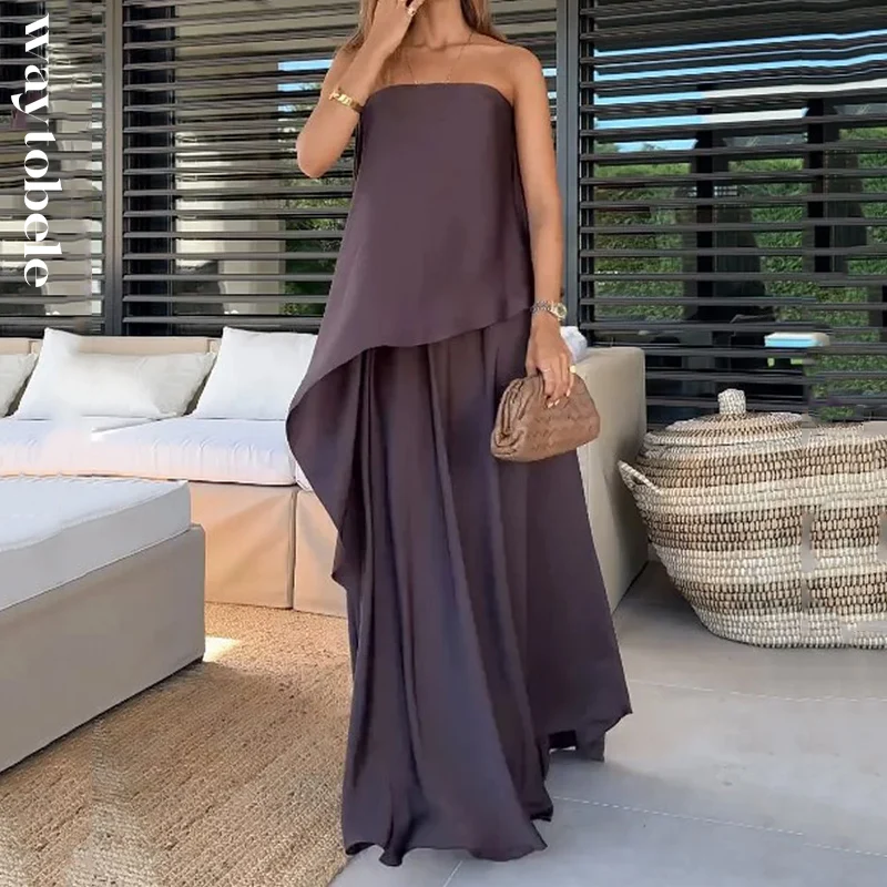 Waytobele 2 Piece Set Women Summer Fashion Solid Strapless Off Shoulder Irregular Top Loose Long Skirt Sets Streetwear