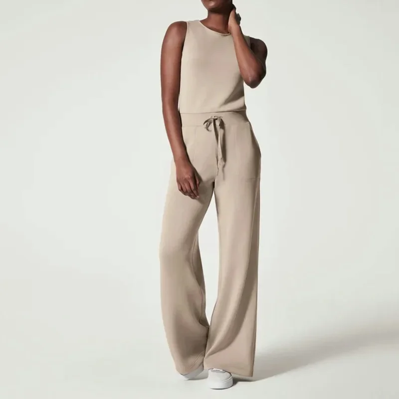 Air Essentials Jumpsuit 2023 New Spring Solid Jumpsuits for Women Casual Loose Short Sleeve Belted Wide Leg Pant Romper