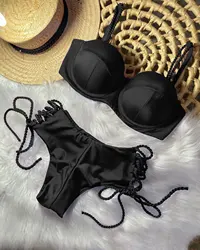 Conjunto de bikini con Push-Up para mujer, traje de baño Sexy con Tanga lateral, traje de baño Vintage sólido con almohadilla en el pecho, ropa de playa de verano