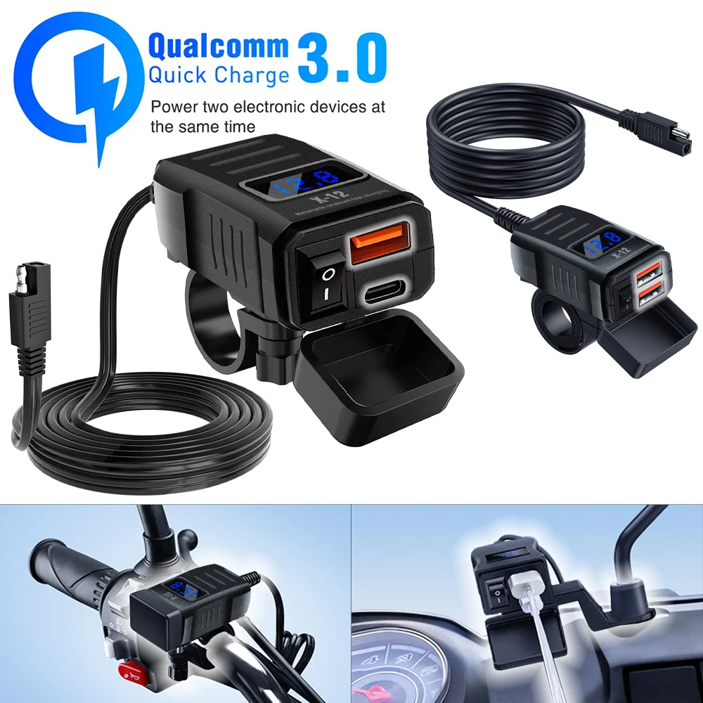 Motorcycle 48W Usb Charger Pd+Qc3.0 Waterproof Fast Charger Rearview Mirror Handlebar Charging Adapter with Digital Voltmeter