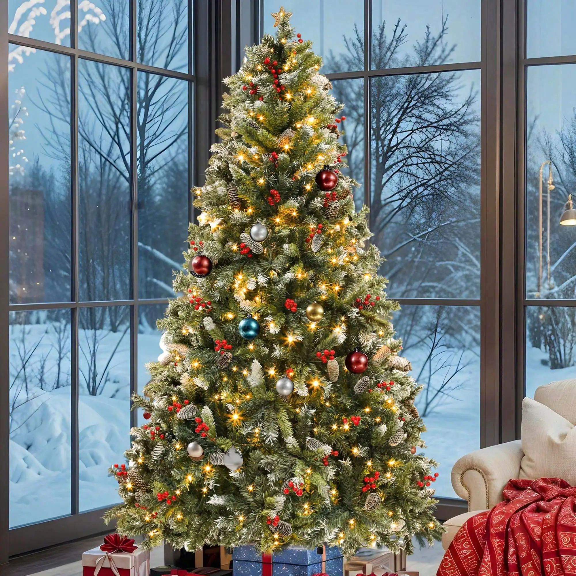 6ft/7.5ft/9ft With Remote Control Pre-Lit Hinged Artificial Xmas Tree W/ Partially Frosted Tips, Pine Cones & Red Berries For Home