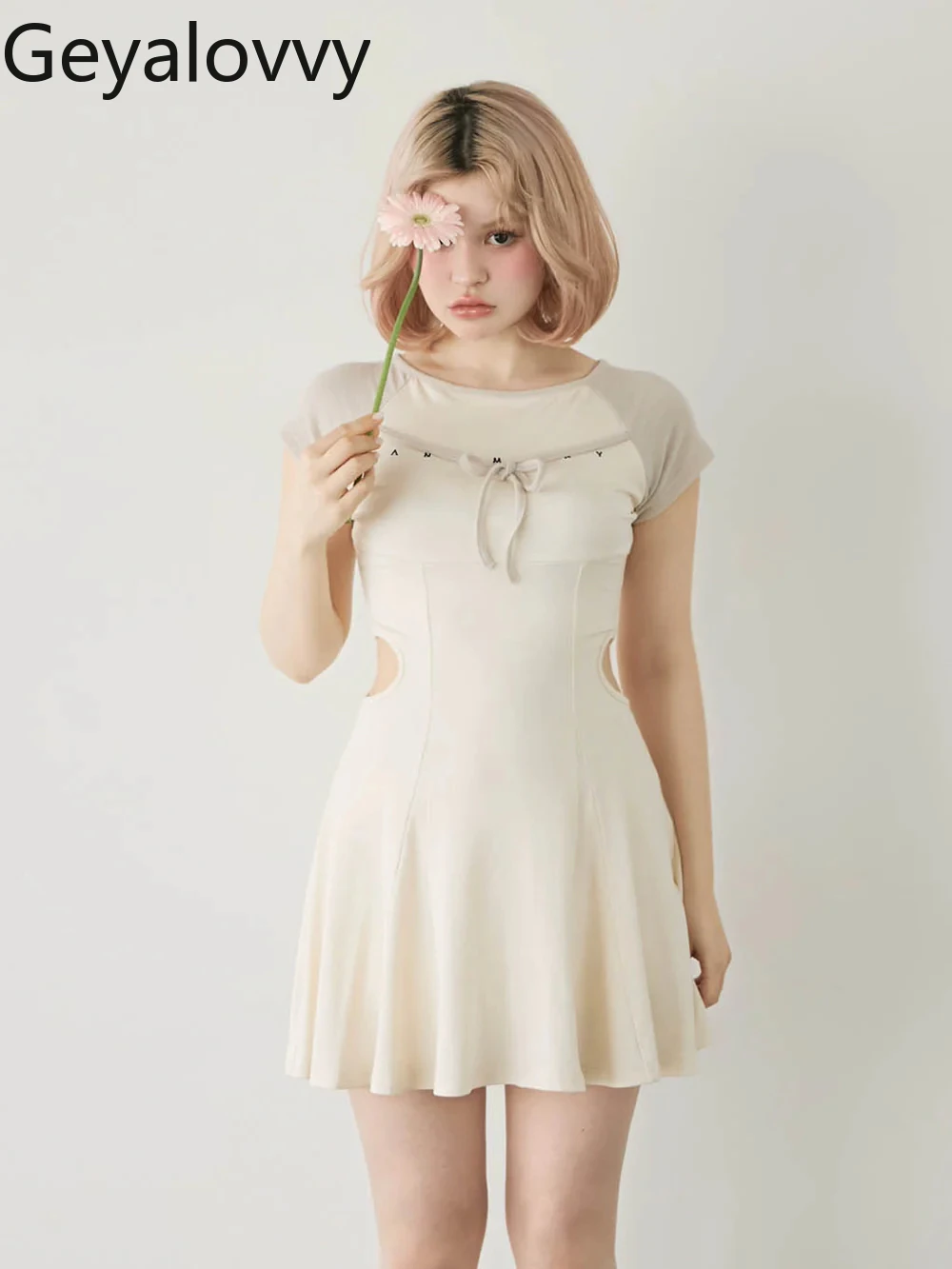 Estilo japonês emenda rendas carta bordado senhora vestido de manga curta femme 2025 novos vestidos casuais elegantes femininos