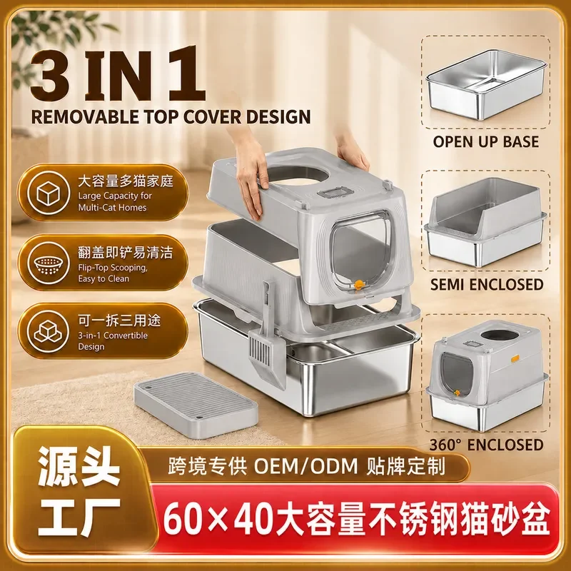 for Stainless Steel Cat Litter Box Fence with Plastic Cover Large Size 60x40cm Thickened and Raised Design Anti Splash Guard