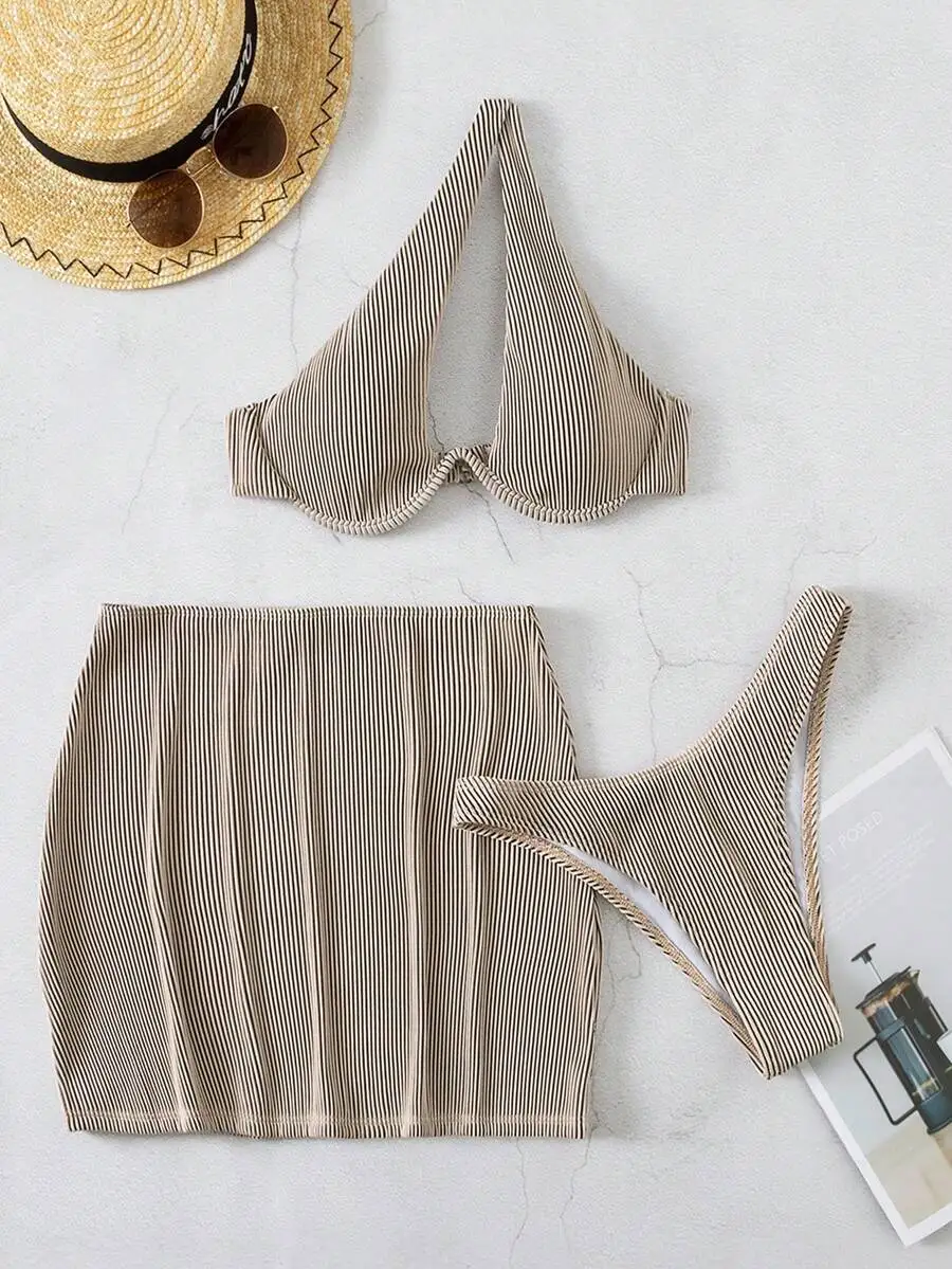 

Ribbed Cut-Out Underwire Bikini Set With Beach Skirt