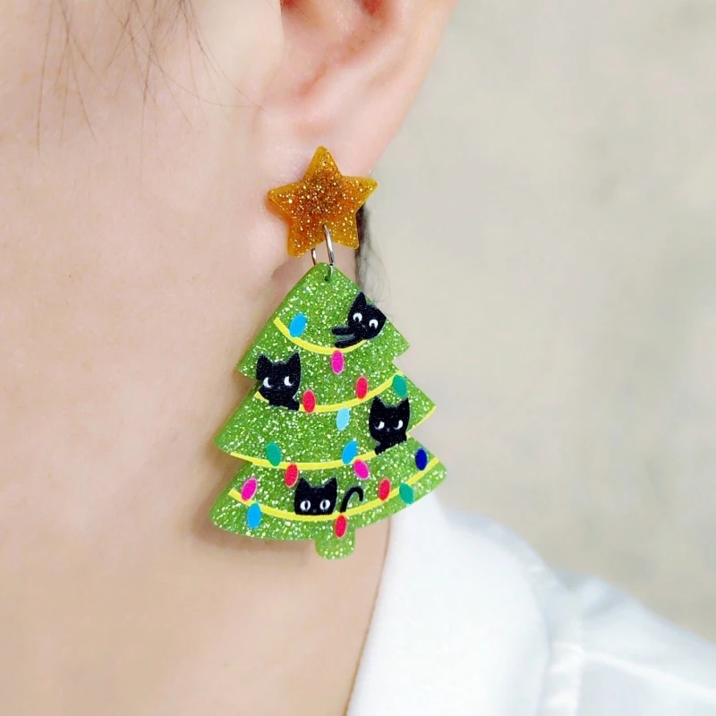 KUGUYS Christmas Gifts Lovely Women\'s  Drop Earrings Cartoon Cat Tree Acrylic New Year Jewellery
