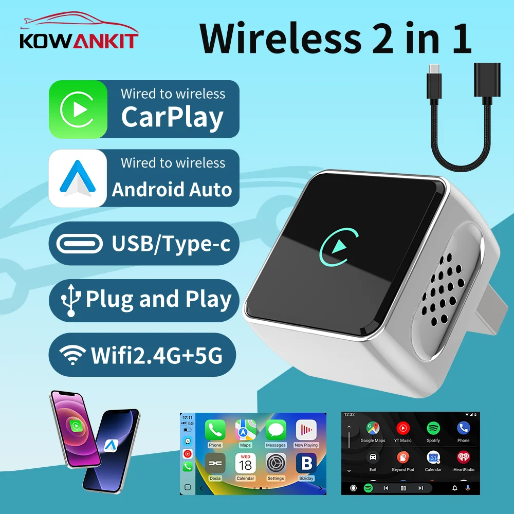 

2 in 1 Wireless CarPlay Adapter Universal Android Auto Car Smart Mini AI Box Mini Dongle USB Plug & Play KowanKit 2026 New