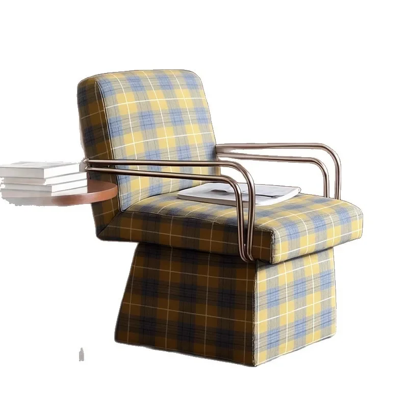 Retro fabric milk tea plaid single sofa chair, rotatable dressing chair