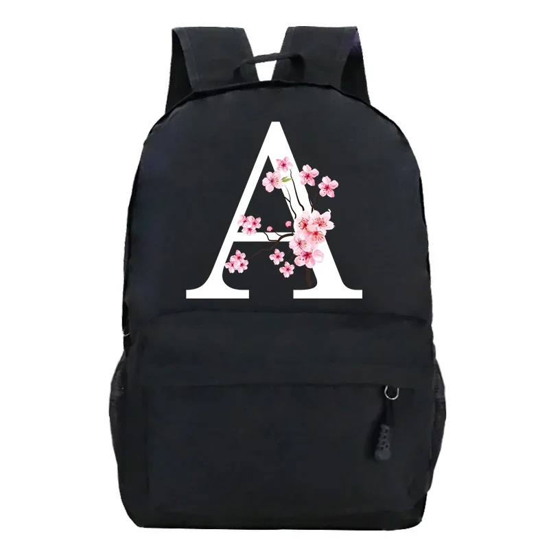 Teen School Bag for Girls Backpack Women Cherry Blossom 26 Alphabet Floral Printing Bookbags Student Schoolbag Flowers Bagpack