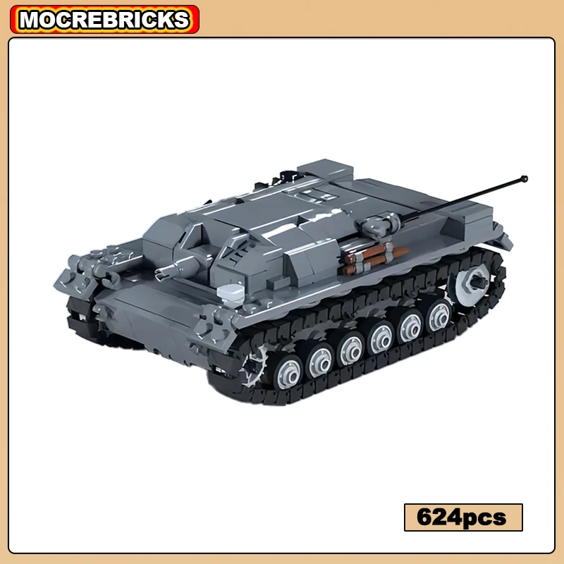 New Creative Building Blocks Stug III Fully Tracked Armored Chariot WW2 Military Gun Tank DIY Technology Bricks Model Kid's Toys