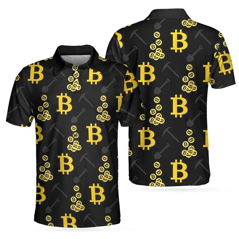 Many Bitcoin Pattern 3D Print Polo Shirt For Men Business Lapel Short Sleeves Tee Shirts Tops B Pattern Skull Oversized T-shirt