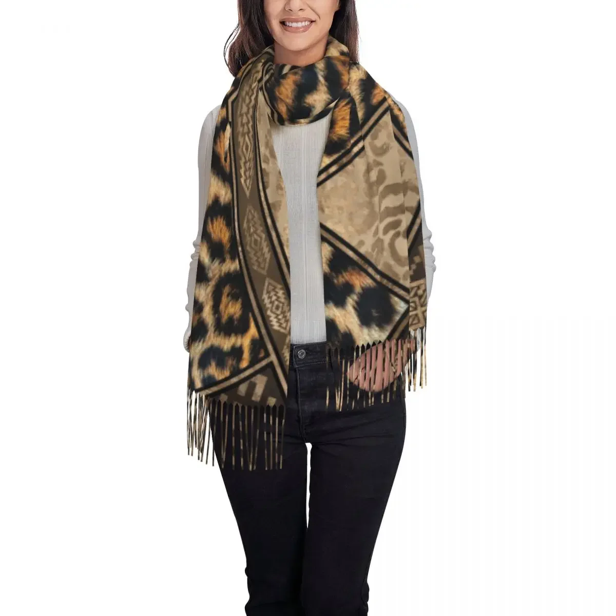 Female Large Leopard Fur With Ethnic Ornaments Scarves Women Winter Soft Warm Tassel Shawl Wraps Tribal African Animal  Scarf