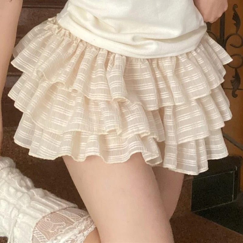 Deeptown Kawaii Lolita rok wanita celana pendek Ruffle Fairycore gaya Jepang rok Mini lucu manis berlapis Patchwork rok pendek