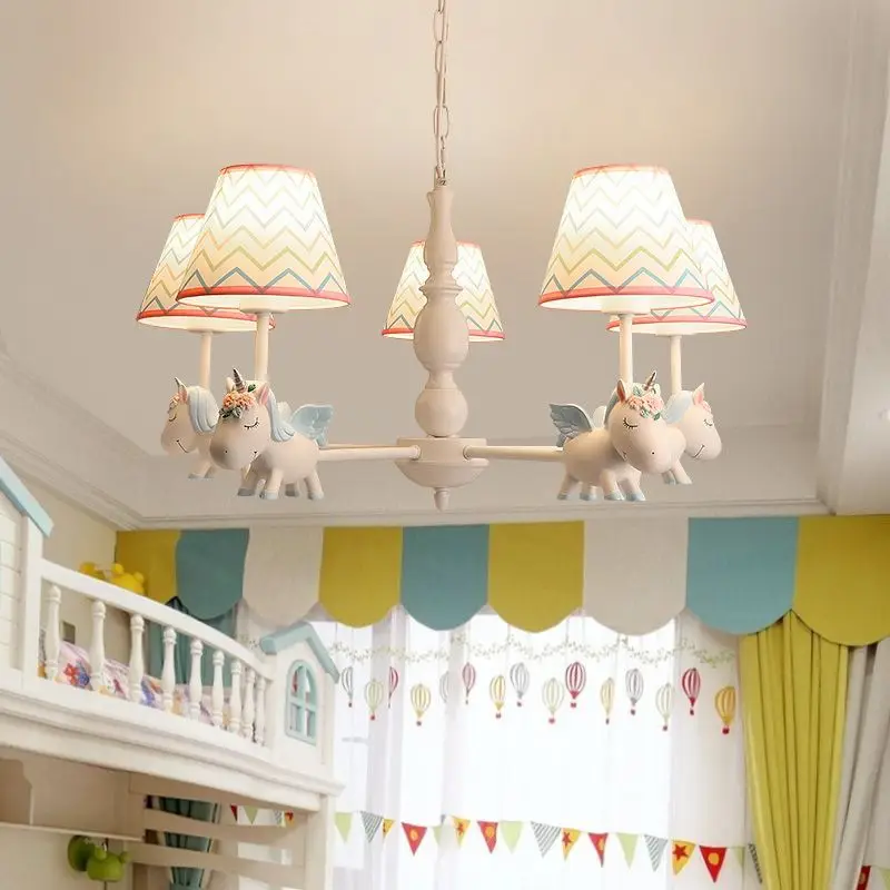 Warm Unicorn Chandelier Lamps Children's Room Pendant Light Blue Pink Fabric Sconces Cartoon Animal Hanging Lamp Boy Girl Decor