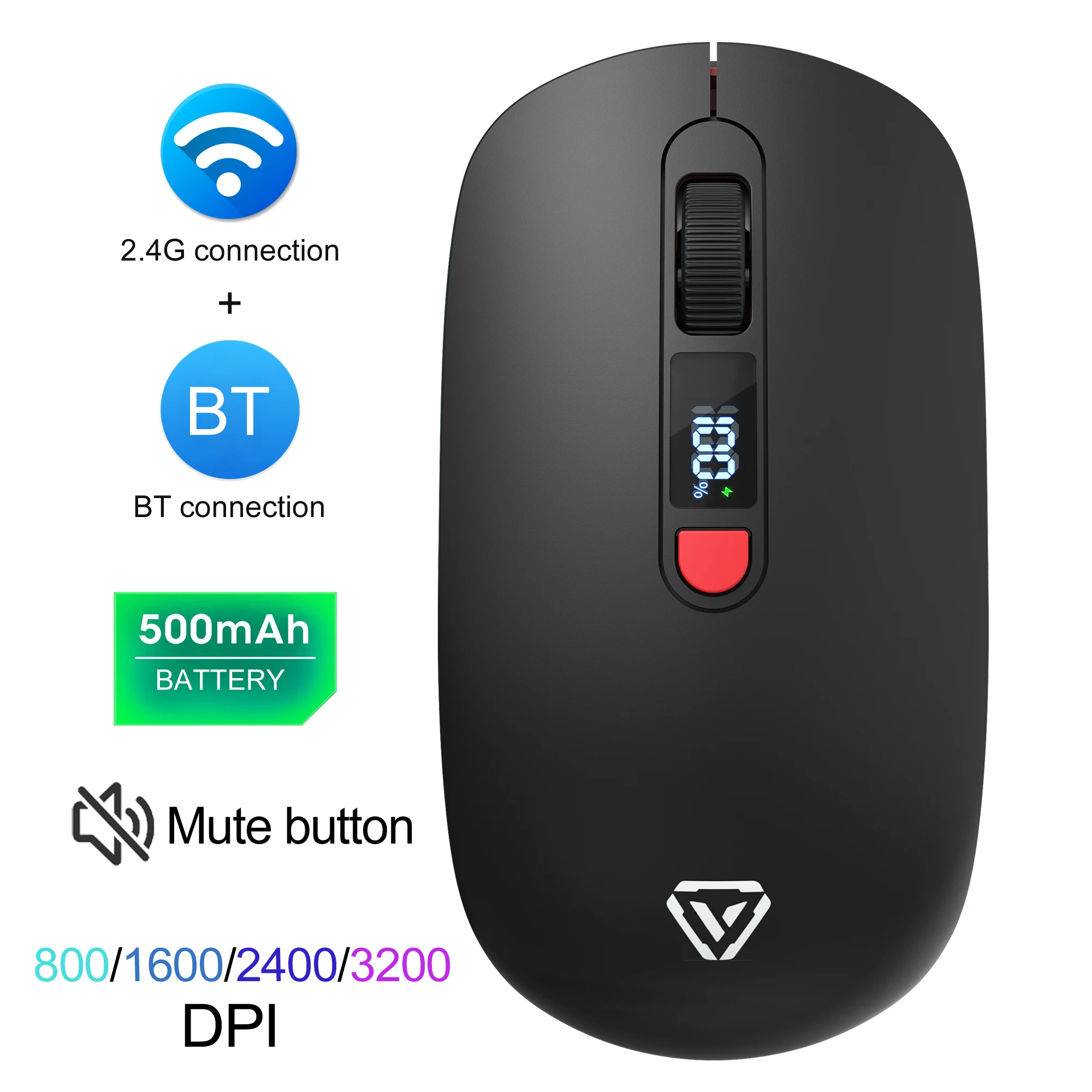 2.4G Bluetooth Wireless Mouse Mute Button Rechargeable 500mA Battery Laptop Office Computer Digital Display Battery Level 4 DPI