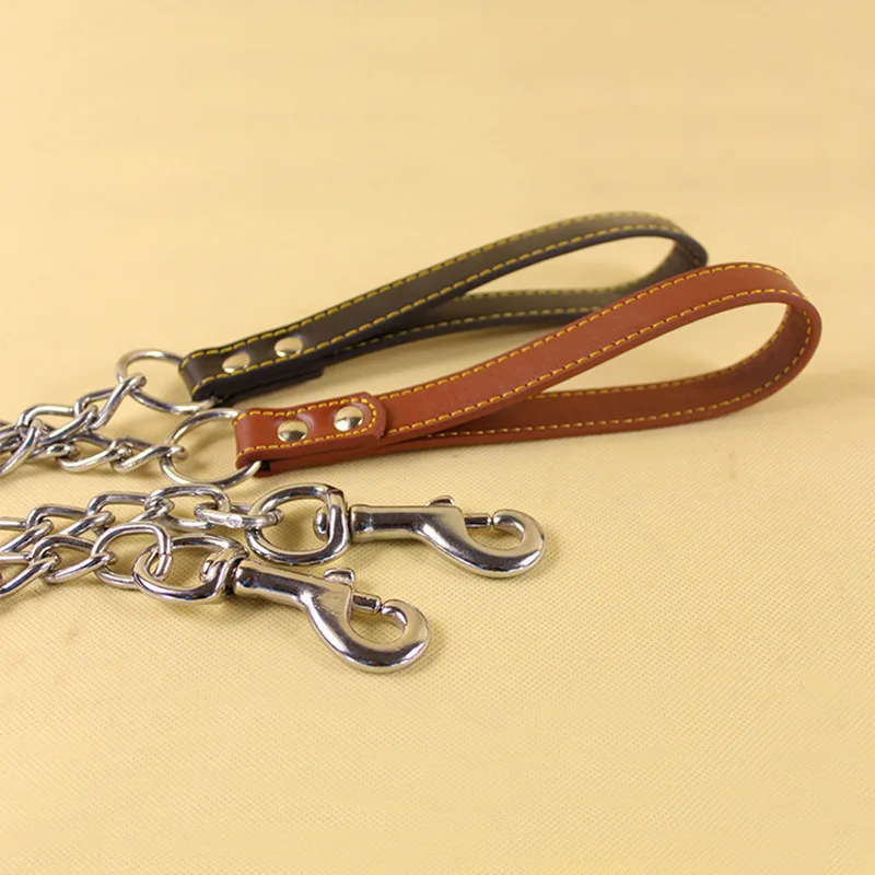 Metal Chain Dog Lead with Leather Style Handle Strong Control Leash Iron Dog Pets Supplies Collars Harnesses Chain Traction Rope gallery 5