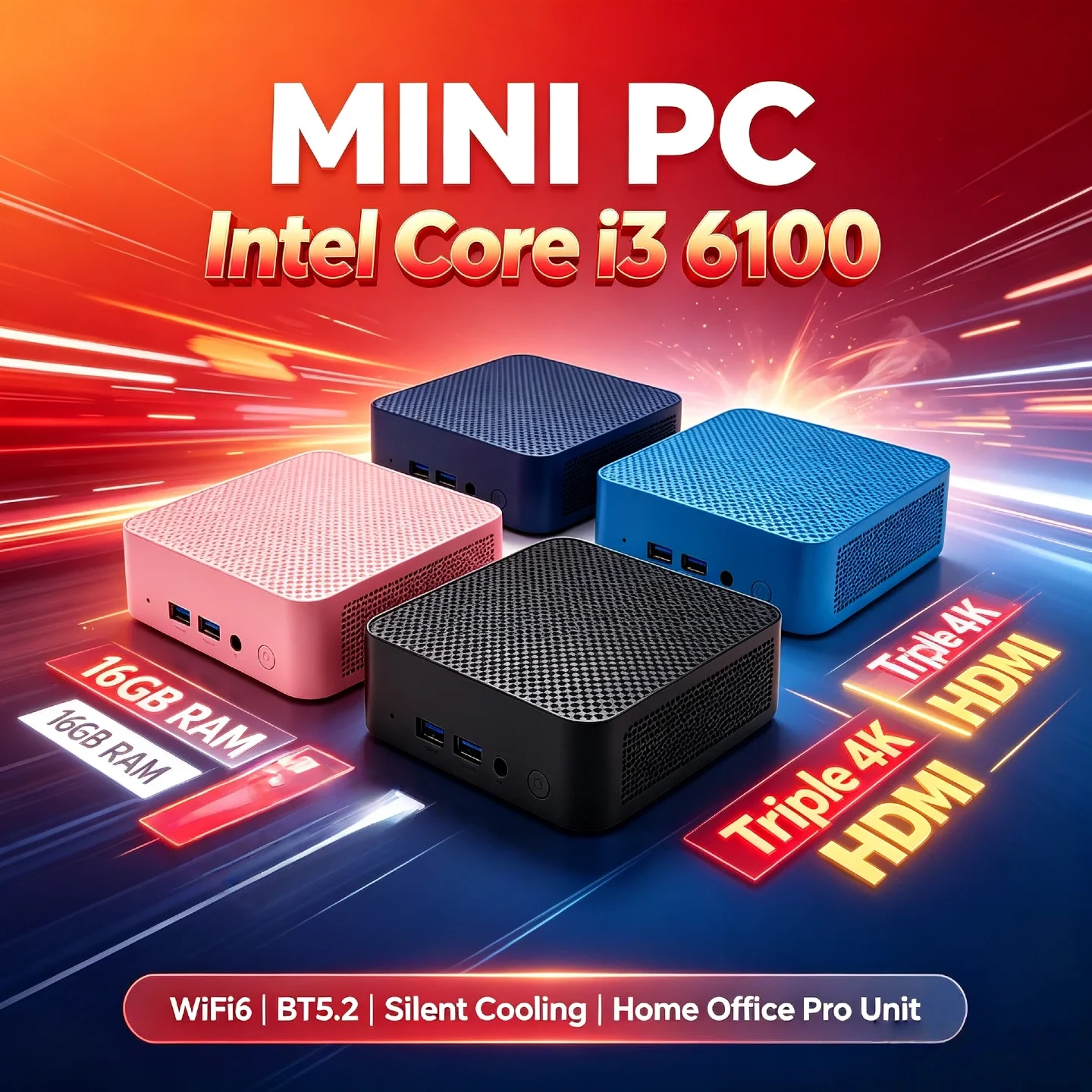 Intel Core i3 6100 Mini PC 16GB RAM 2TB M.2 NVMe SSD Triple 4K Display High Performance WiFi6 BT5.2 Home Office Pro Max Unit