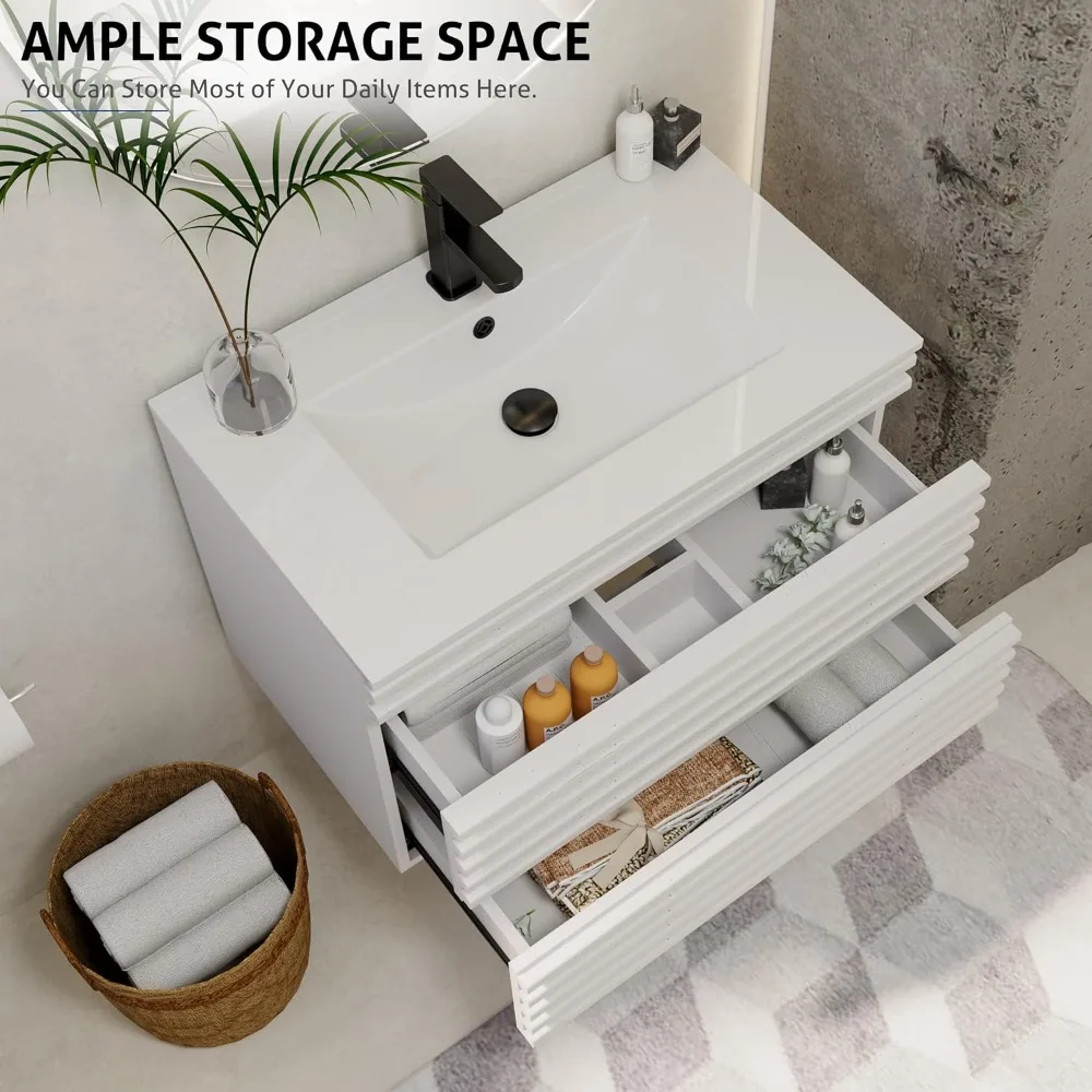 Organizzatori da bagno, vanità da bagno galleggiante con lavabo combinato set di armadietti a parete della metà del secolo con strisce, cassetti, sottopiano