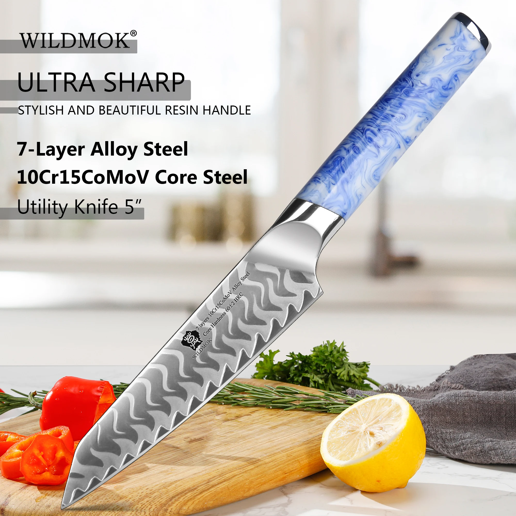 

WILDMOK 7 Layer 10Cr15CoMov Alloy Steel Utility Knife 5 Inch, Sharp Kitchen Fruit Knives with Resin Handle