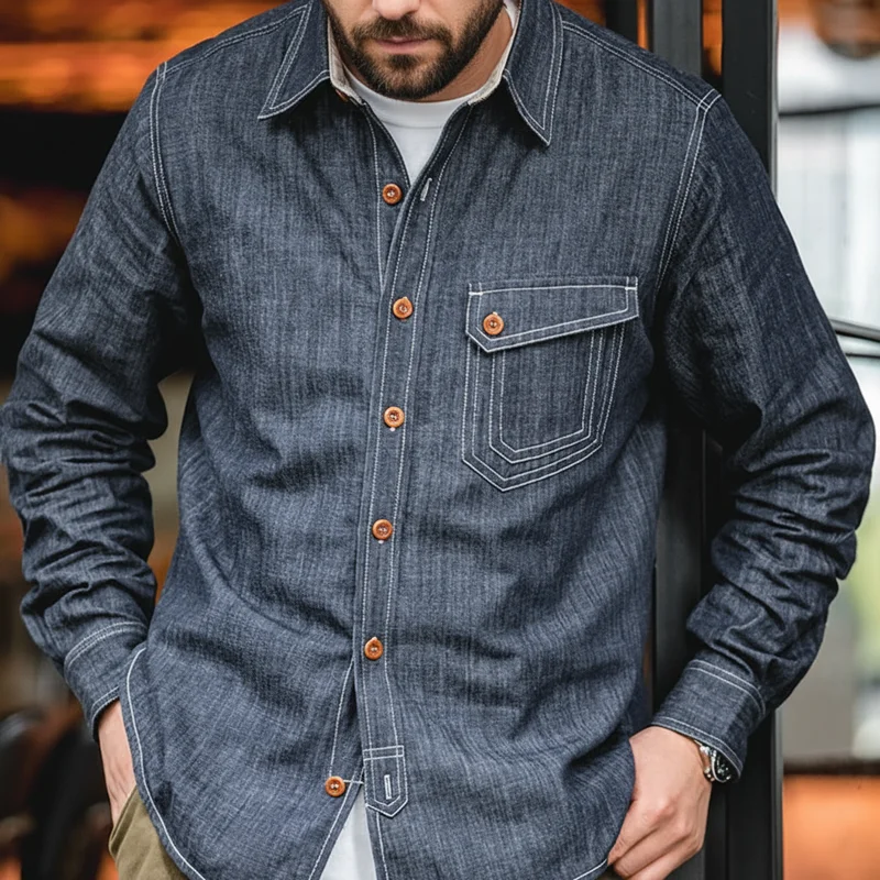 Maden Retro Thin Long-sleeved Denim Shirts Single-breasted Lapel Collar Stitch Design Cotton Men's Spring and Autumn Blouses