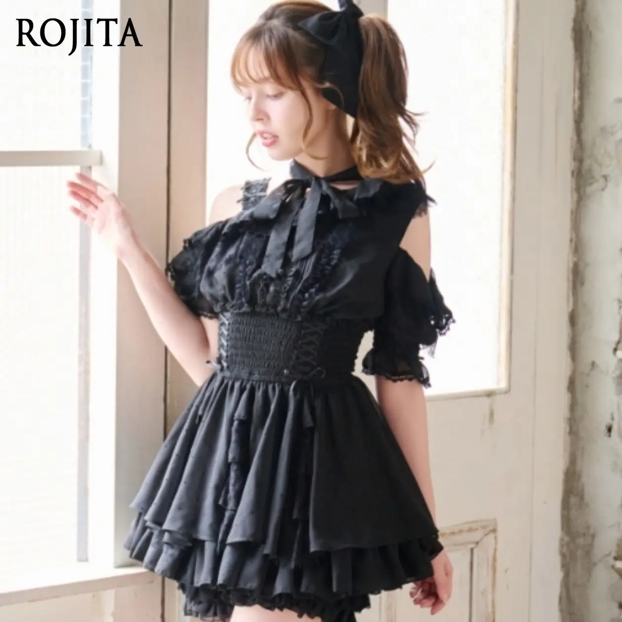 Dark Sweet Black Mini Skirt Ladies Bow Decor Lace Tiered Ruffle High Waist Lolita Skirt Women Low Waist Mini Skirt