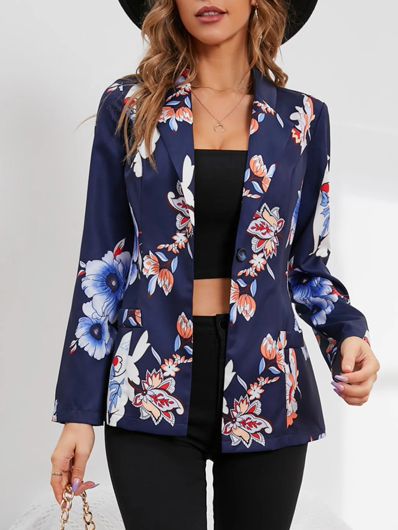 Fashion Casual  Vintage Autumn and Winter Polyester Flower Print Long Sleeved Buttons Suit Jacket