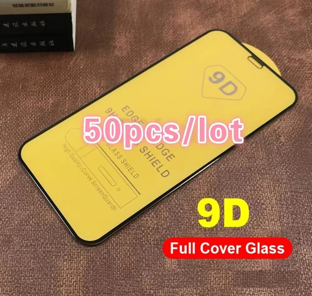 50PCS 9D Tempered Glass Film for iPhone 16 15 14 13 12 11 Pro Max 16 15 14 Plus XR 11 12 13Mini Full Cover Screen Protector Film