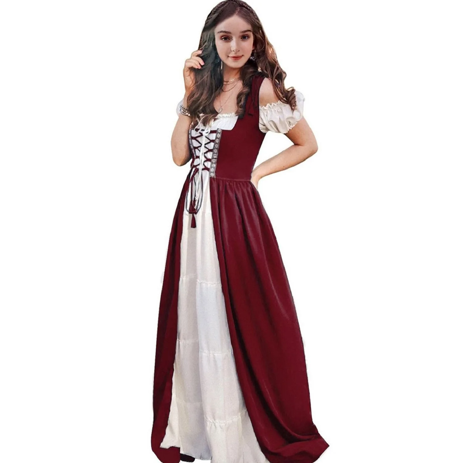 

Renaissance Corset Dress for Medieval Play - Halloween Cosplay Gown (Boned Waist + Square Lace-Up Neckline)