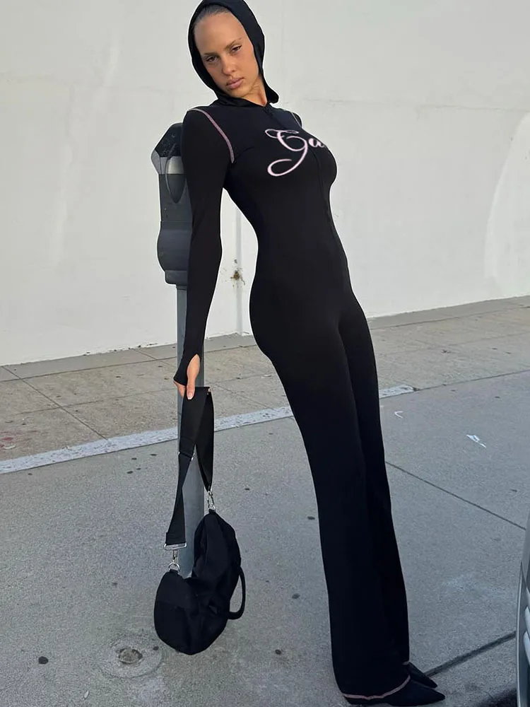 Nibber спортивные комбинезоны с капюшоном женские с буквенным принтом на молнии кардиган дизайн с длинными рукавами узкие уличные повседневные комбинезоны в повседневном стиле