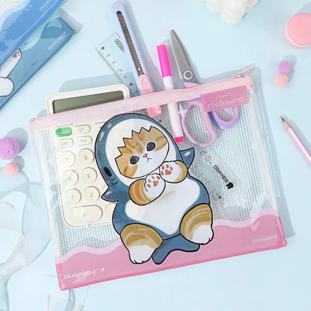 A4/A5 Genuine Mofusand Shark Cat Document Pouch School Stationery Storage Bag Cartoon Mesh Zipper Waterproof Folders Girls Gifts view 2