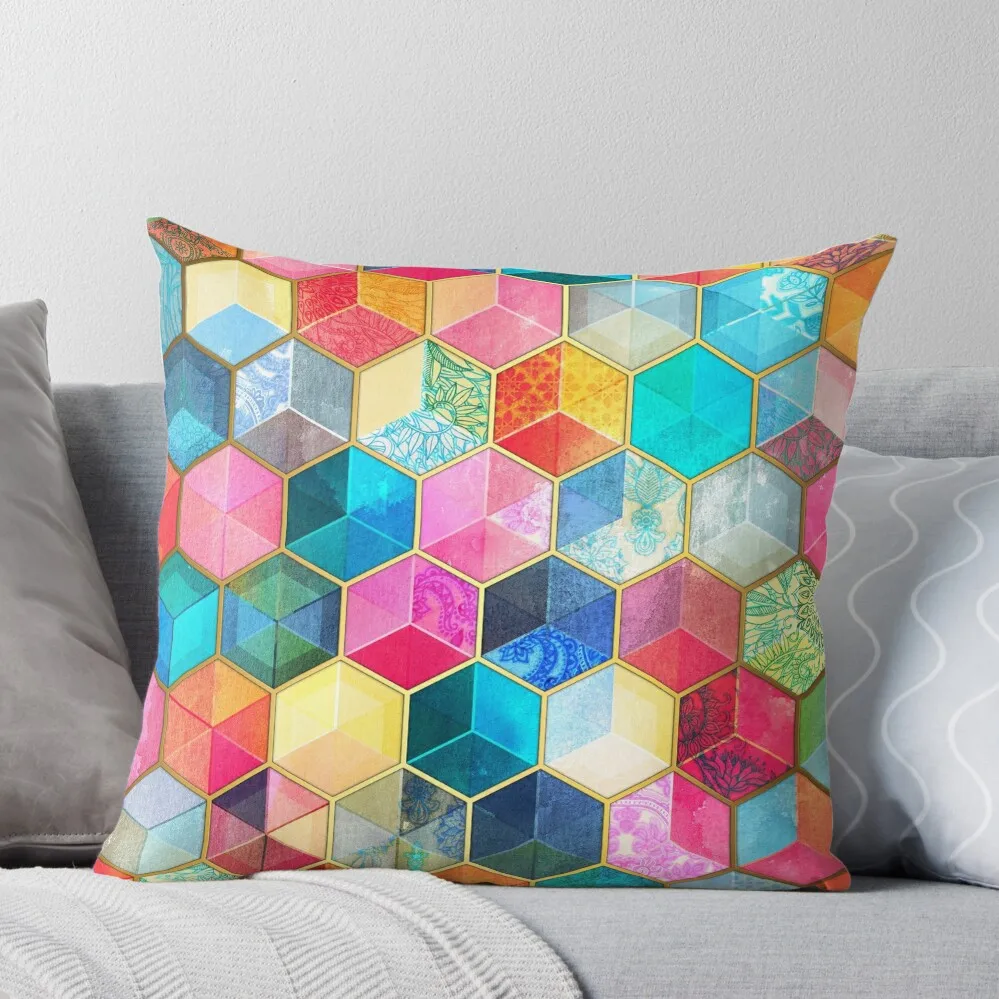 Crystal Bohemian Honeycomb Cubes - colorful hexagon pattern Throw Pillow Cushion Cover Luxury