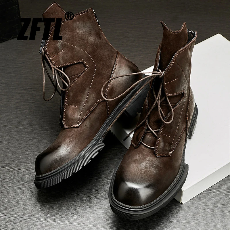 ZFTL Men\'s Casual Boots Vintage Lace up Boots Man Ankle Boots RetroTooling Boots Biker Cowhide Boots High end brand 2023