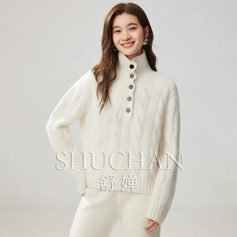 Simple Commuter Half-open High-neck Pullover 670g 35% Cashmere Pullover Women's Casual Solid Loose Thickened Knitted Sweater Top