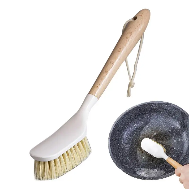 Wooden Long Handle Pan Pot Brush Dish Bowl Washing Cleaning Brush Practical Hanging Nonstick Oil Kitchen Cleaning Tools