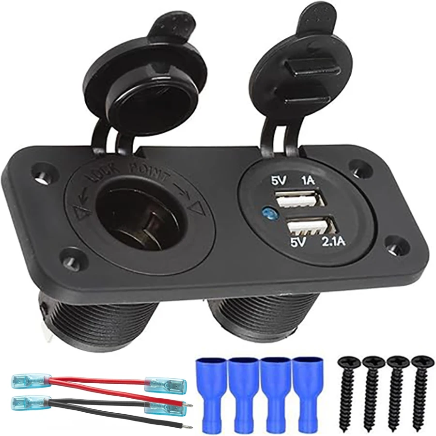 Tomada de alimentação 12V 24V com divisor de carregador USB duplo e soquete para acendedor de cigarros para carro, RV, caminhão e motocicleta