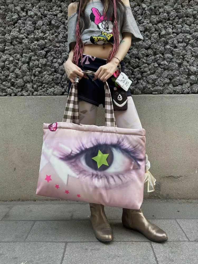 Star Eye Graffiti Pattern Oversize Shoulder Bag Dental Drill Printing Filled Cotton Tote Bag Y2K Harajuku Personality Winter Bag