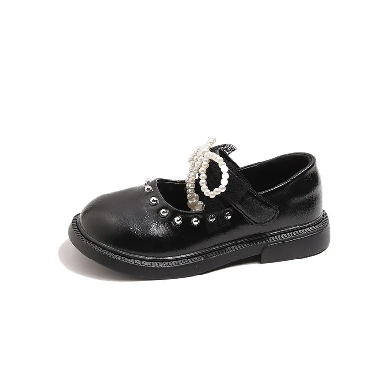 

Chic Children Princess Leather Shoes Casual Baby Black Silver Girls Sweet Lace Ribbons Student Shoes with Beading Bow-tie
