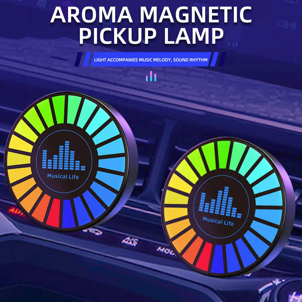 

Автомобильная музыкальная ритм-подсветка RGB с магнитным пикапом, украшение для автоматического вентиляционного отверстия, окружающее освещение, встроенный аккумулятор с ароматом