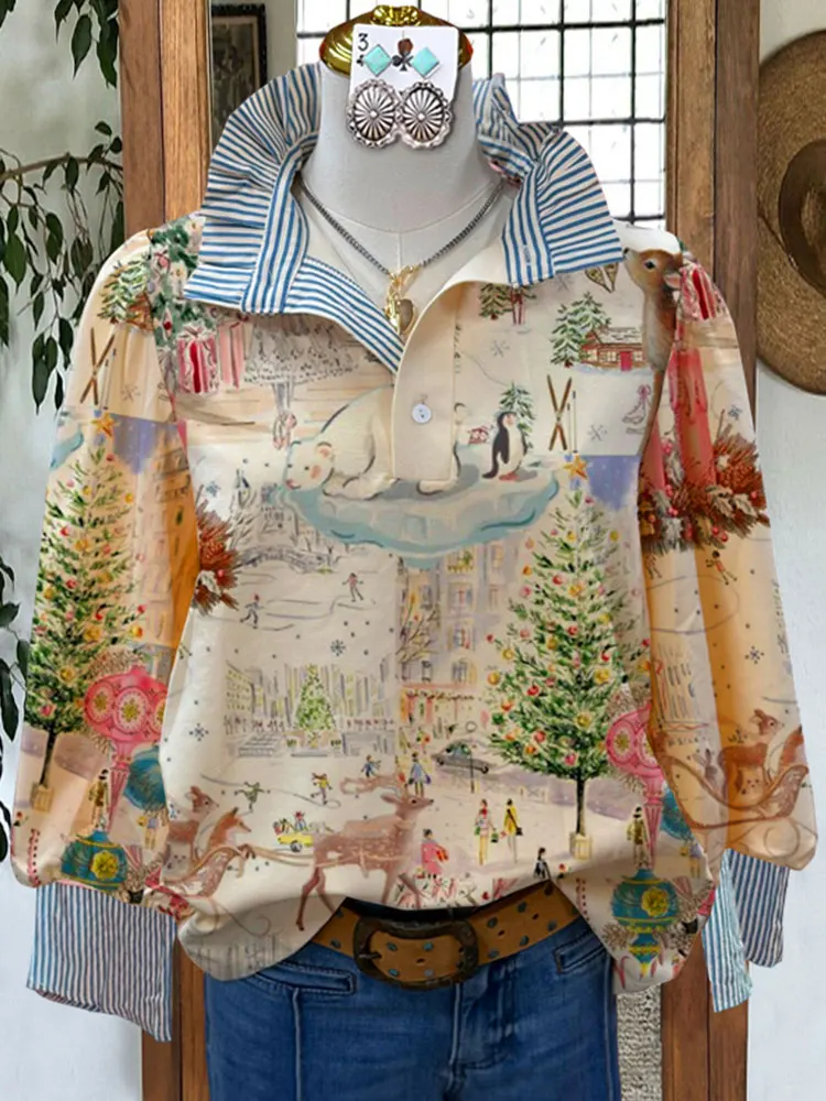 Vintage Striped Graphic Print Top Women Christmas Blouse