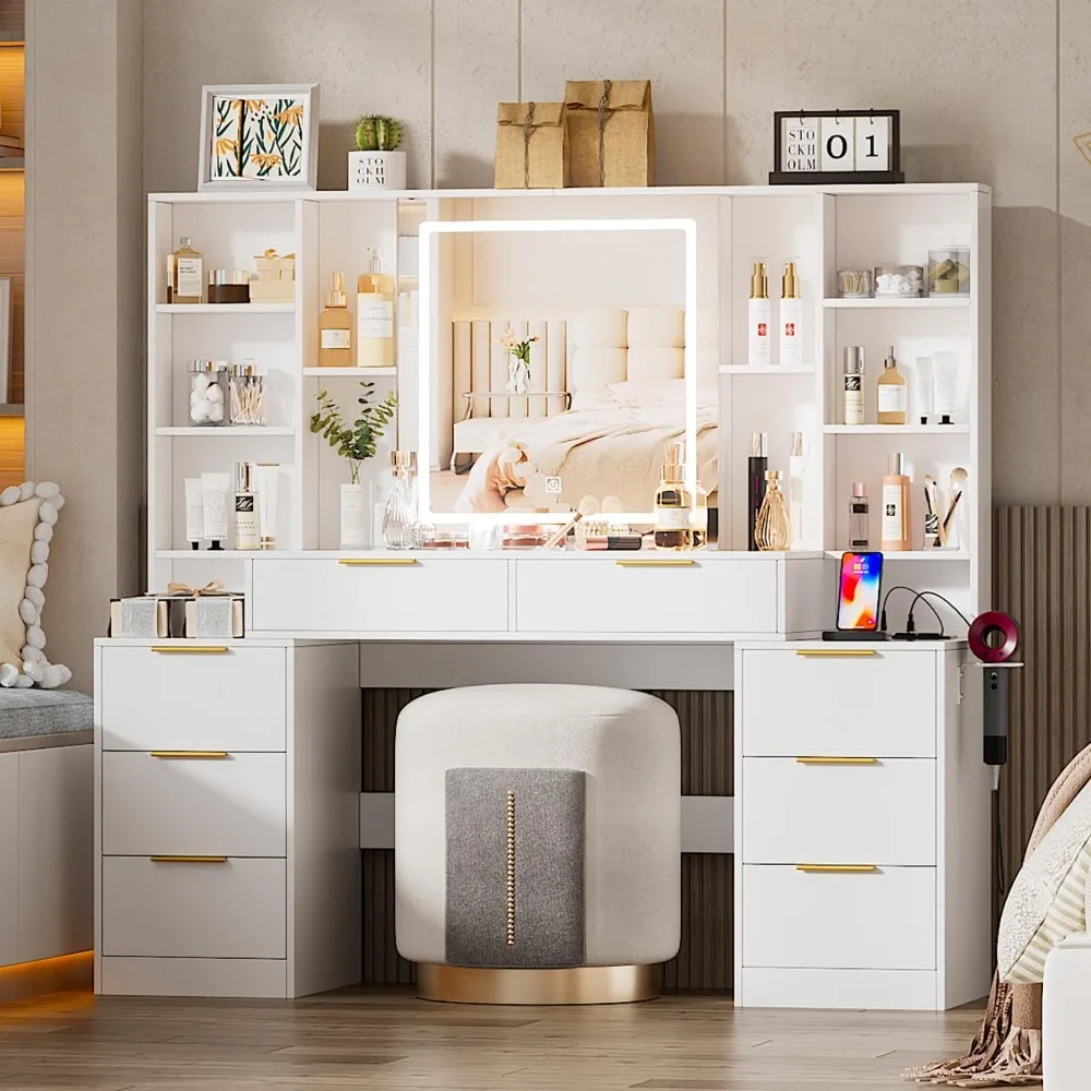 LED Makeup Vanity Desk with Lighted Mirror, Power Outlet, 3 Color Modes,