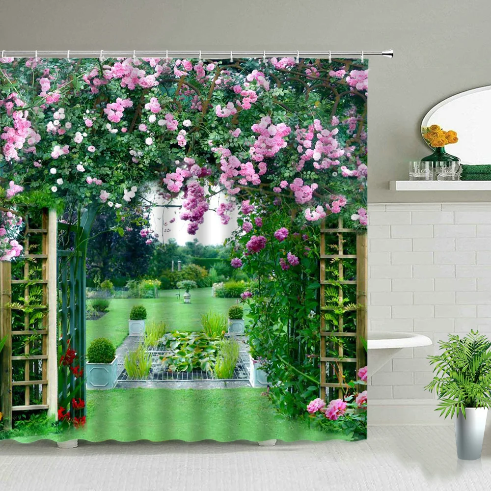 Waterproof Shower Curtain Set Flowers Arch Bridge Landscape Home Decor Bathroom Curtain Polyester Fabric Background Wall Decor