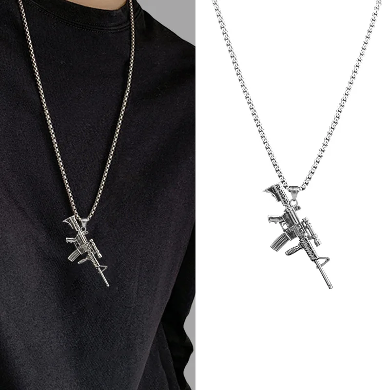 ins same titanium steel AK47 pattern machine gun necklace men's and women's long gift retro pendant hoodie accessories