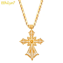 Ethlyn Ethiopian Cross Pendant Chain Necklace Thick Gold Color For Women And Men Bride Wedding  Jewelry  MY706B