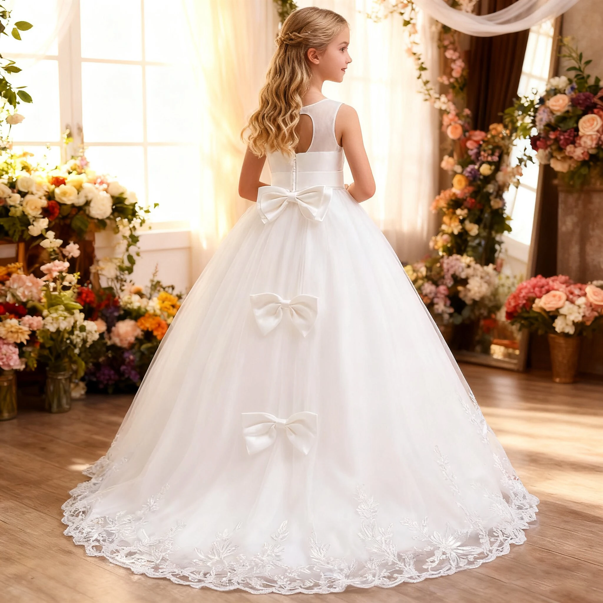 

Elegant Party Girl Dress Formal Bow Baptism Wedding Birthday Princess Prom Dresses for Girl First Communion Customized New