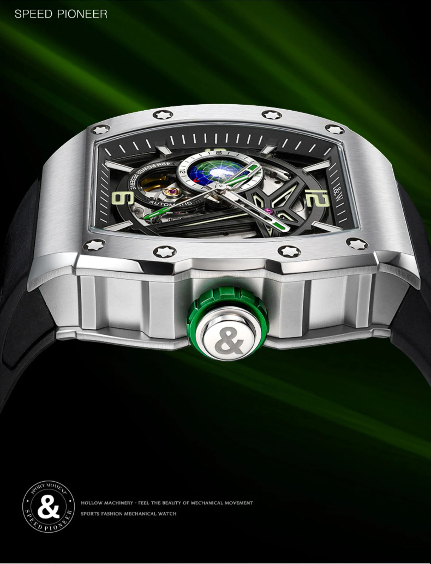 I & W ساعة أوتوماتيكية للرجال فاخرة 42*49 مللي متر Tonneau ساعة يد ميكانيكية 50 متر مقاوم للماء هيكل عظمي مضيء 24 ساعة حزام مطاطي