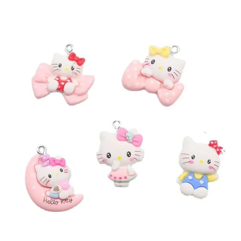 10PCS Cartoon Character KT Cat Cute Animal Bow Moon Resin Material DIY Earrings  Accessories Keychain Pendant Necklaces Jewelry