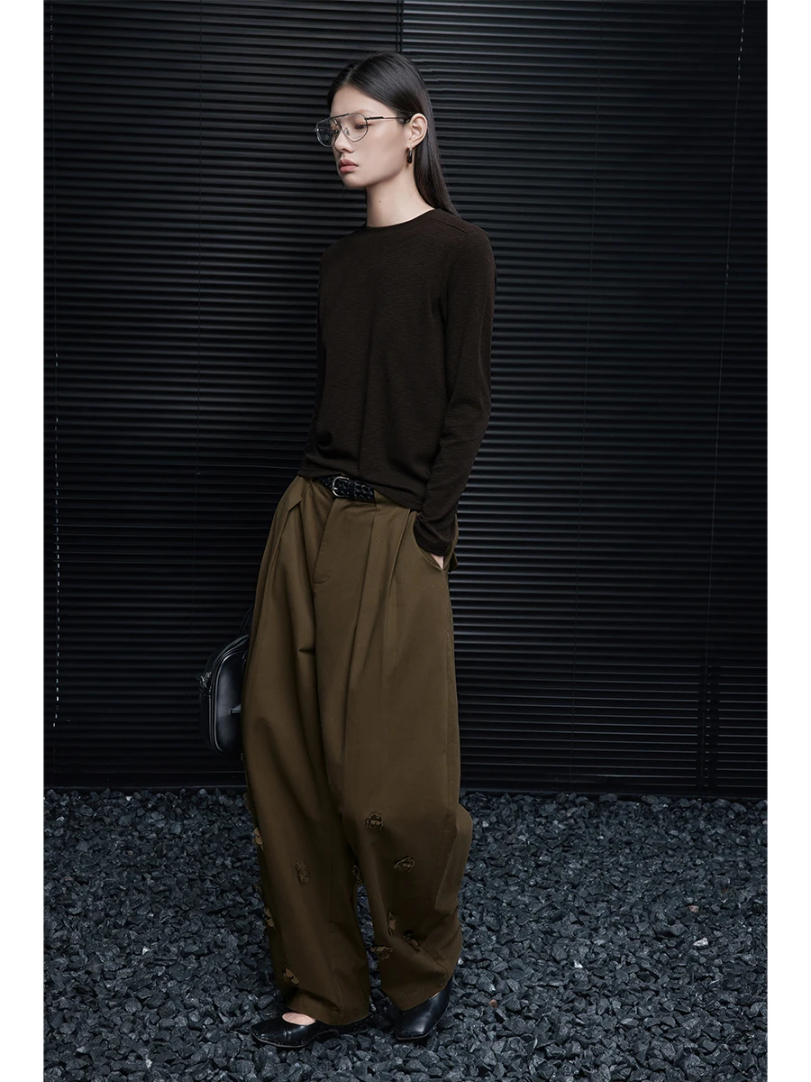 

Женская футболка Moment Long Sve round Ne, повседневная базовая футболка Deep Coffee, Simple Sli, осенне-зимнее новое поступление