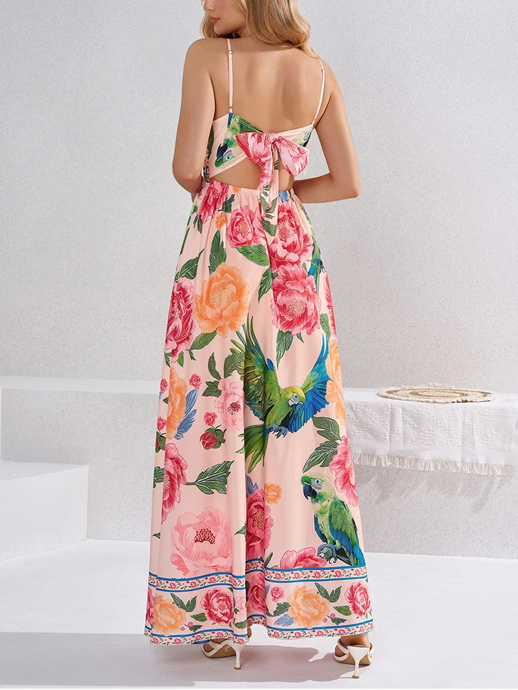 NewAsia Boho Floral Parrot Print Maxi Dress for Women Spaghetti Strap V Neck Backless Bow Long Dress Summer Casual Party Dresses - view 2
